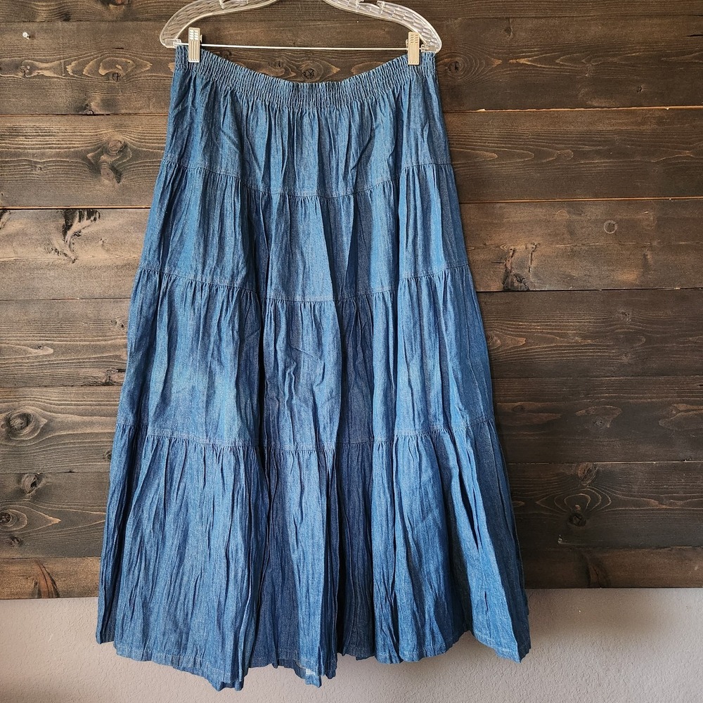 Vtg Tiered Denim Maxi Skirt Women's XL Western Cowgirl Gypsy Boho Jeans - Picture 9 of 9